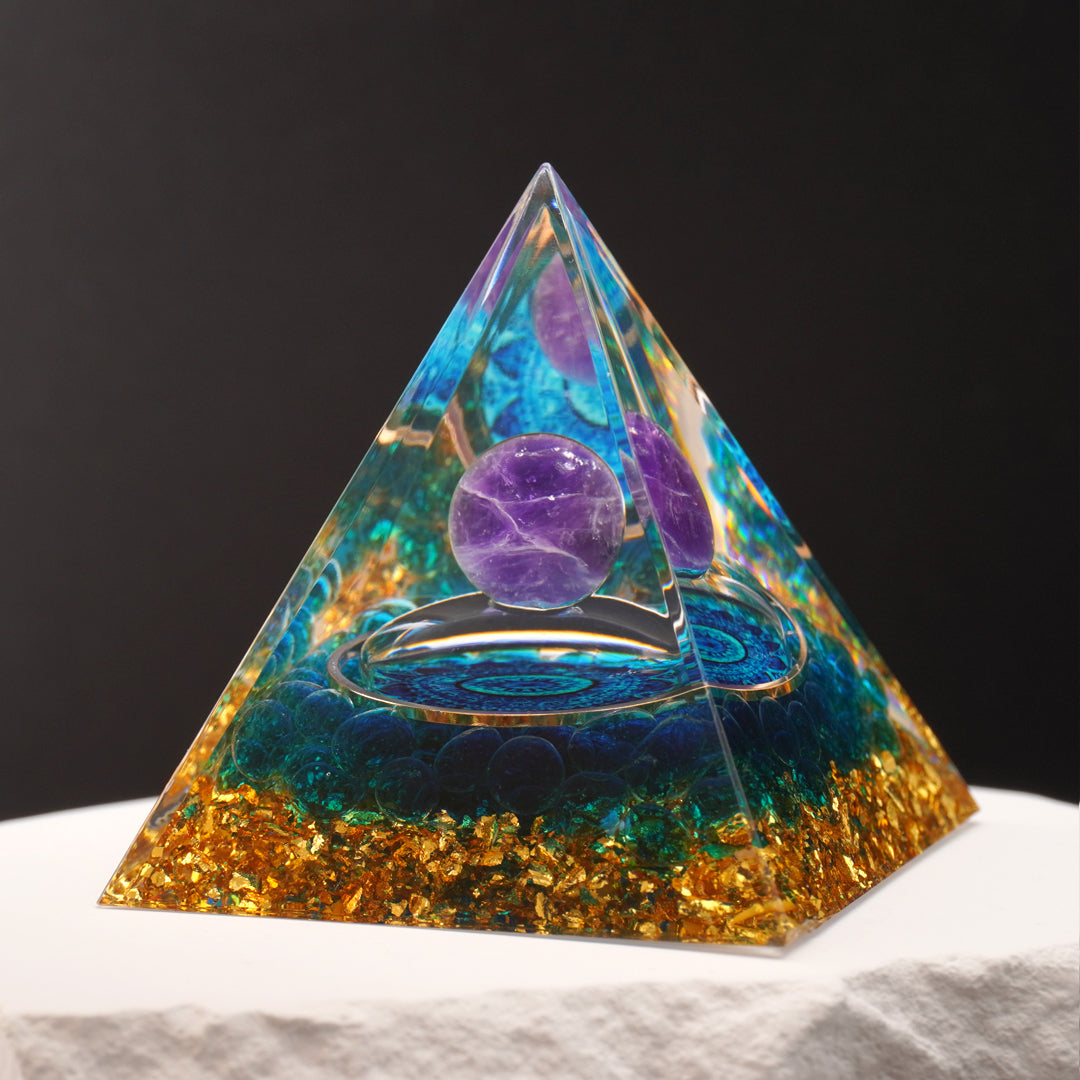 Amethyst & Aquamarine Healing Crystal Orgone Pyramid