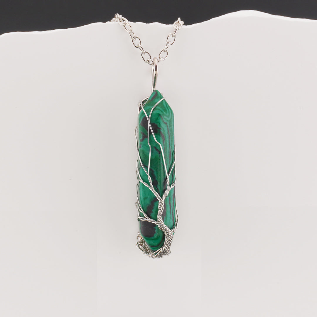 Tree of Life Wire-Wrapped Malachite Pendant Necklace