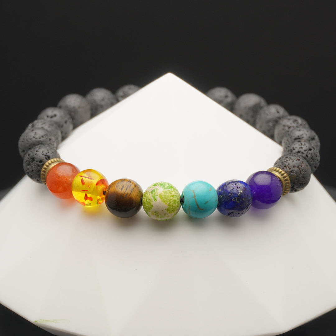 Lava Stone Stretch Bracelet with Seven Healing Chakra Beads-front