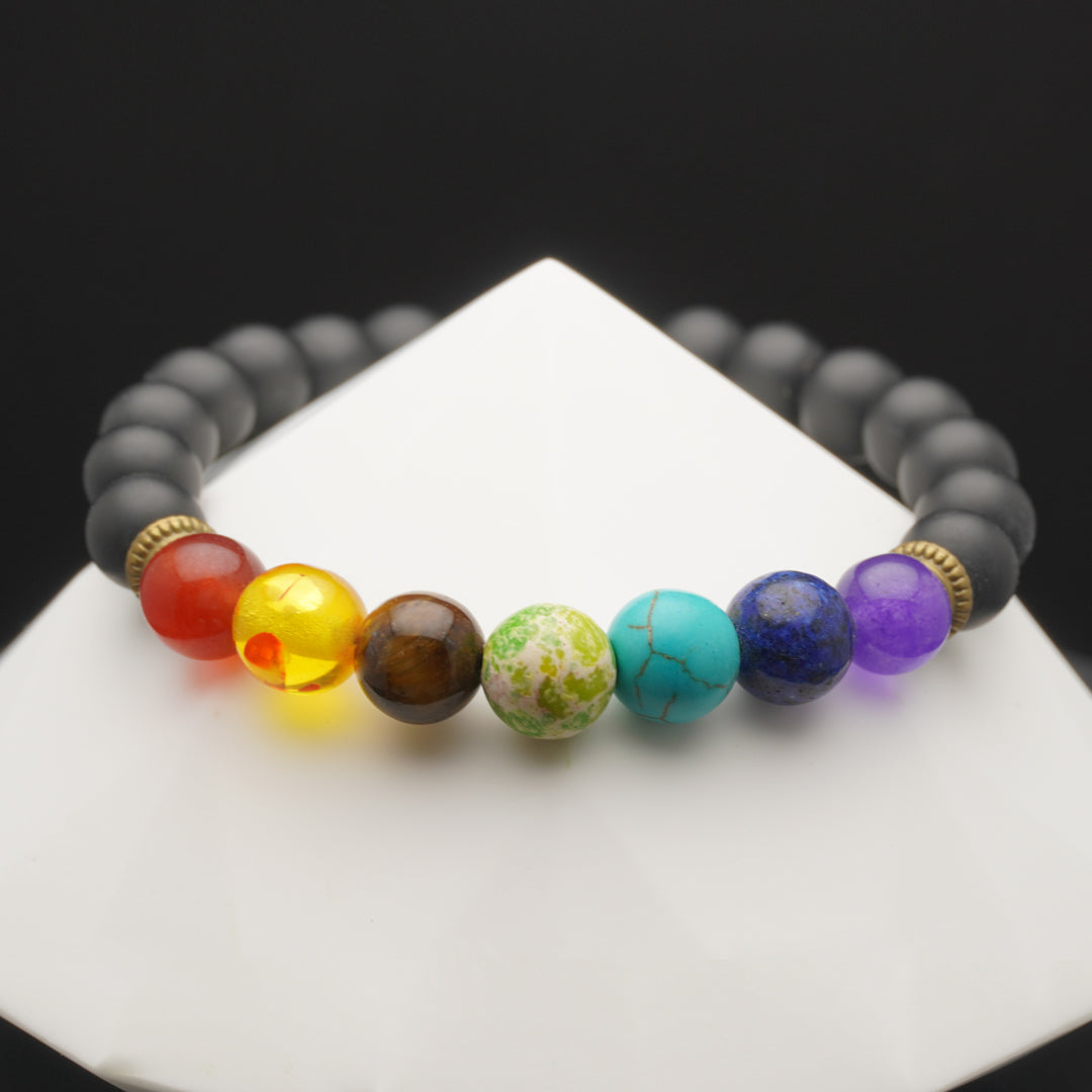 Polished Lava Stone Stretch Bracelet with Seven Healing Chakra Beads-front