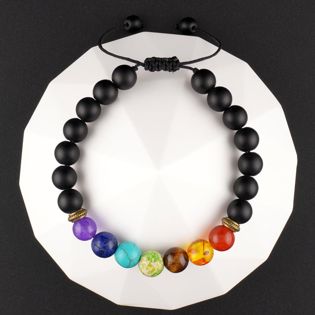 Polished Lava Stone Stretch Bracelet with Seven Healing Chakra Beads-top